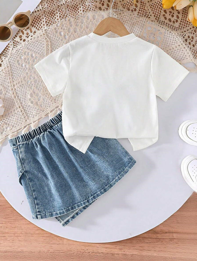 Denim Pearl Bow Two‑Piece Set