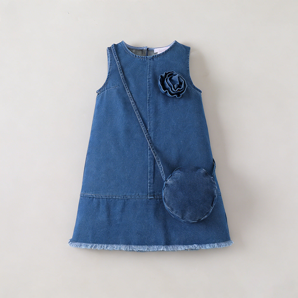 Denim Blossom A-Line Dress with Purse