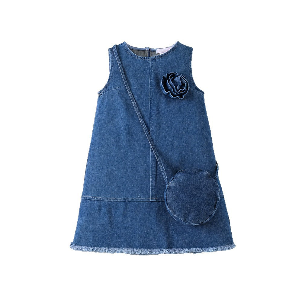 Denim Blossom A-Line Dress with Purse