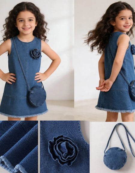 Denim Blossom A-Line Dress with Purse