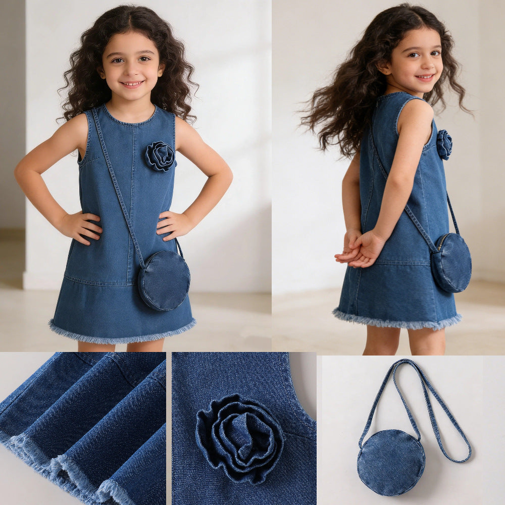 Denim Blossom A-Line Dress with Purse