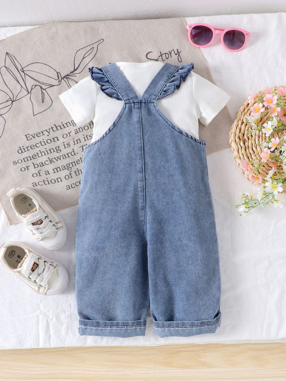 Embroidered Bow Detailed Denim Overall Set - 2piece