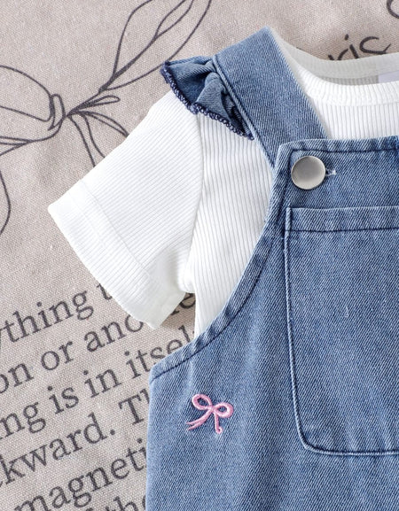 Embroidered Bow Detailed Denim Overall Set - 2piece