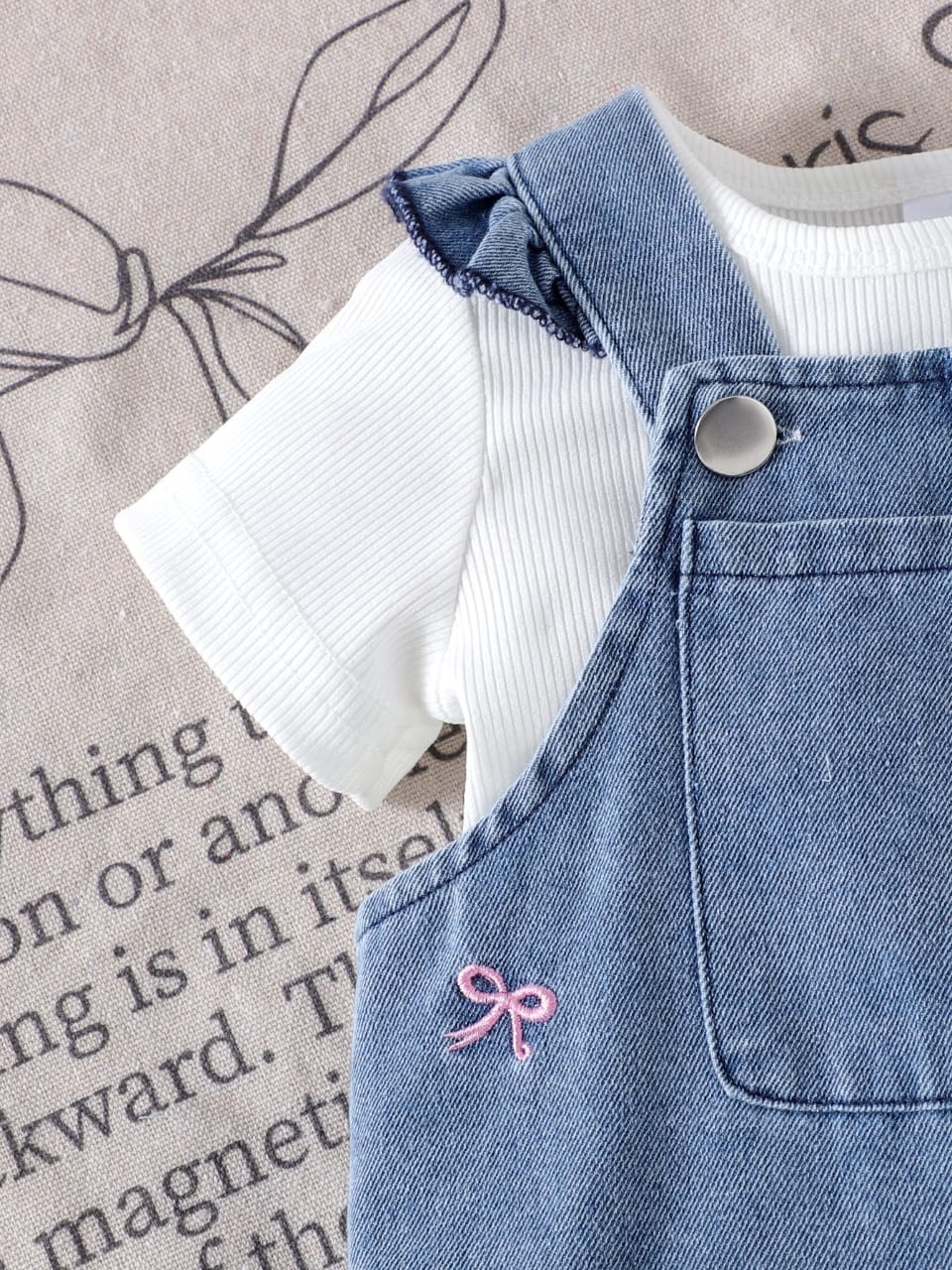 Embroidered Bow Detailed Denim Overall Set - 2piece