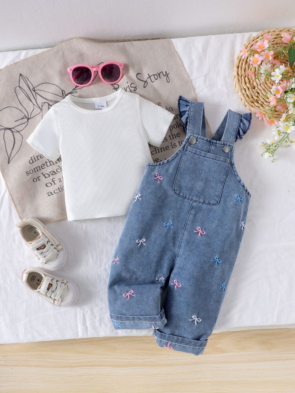 Embroidered Bow Detailed Denim Overall Set - 2piece