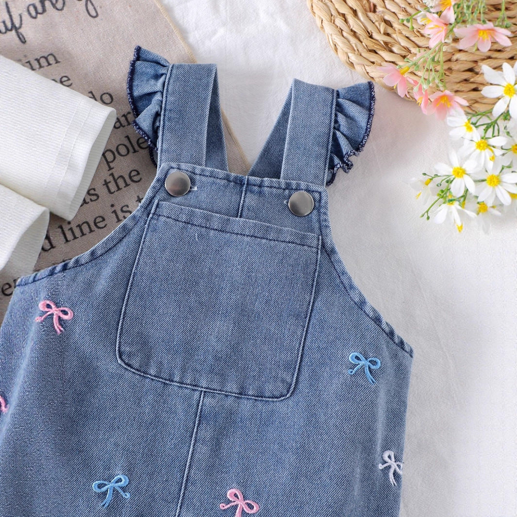 Embroidered Bow Detailed Denim Overall Set - 2piece