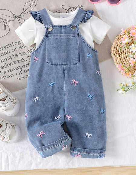 Embroidered Bow Detailed Denim Overall Set - 2piece