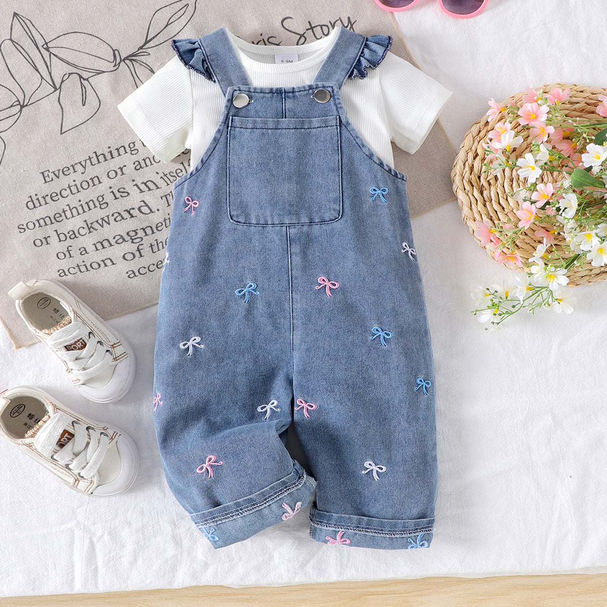 Embroidered Bow Detailed Denim Overall Set - 2piece
