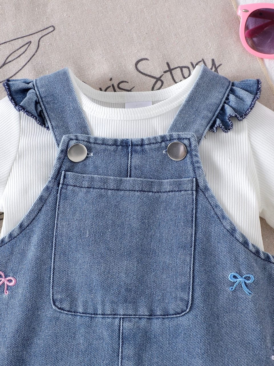 Embroidered Bow Detailed Denim Overall Set - 2piece