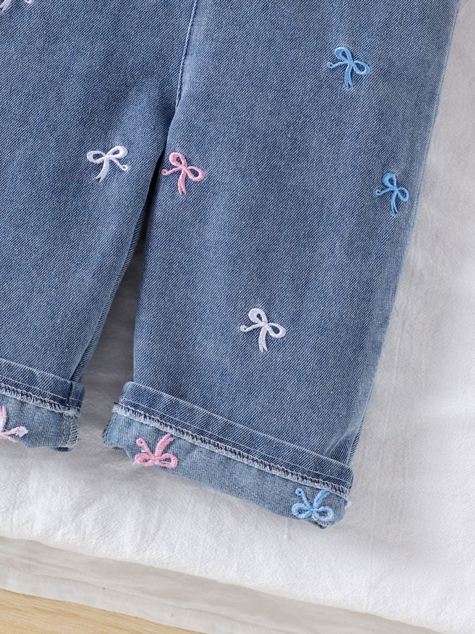 Embroidered Bow Detailed Denim Overall Set - 2piece