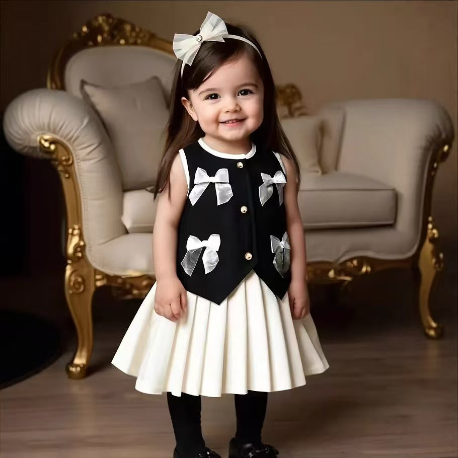 Bow Charm Two-Piece Vest and Pleated Skirt Set