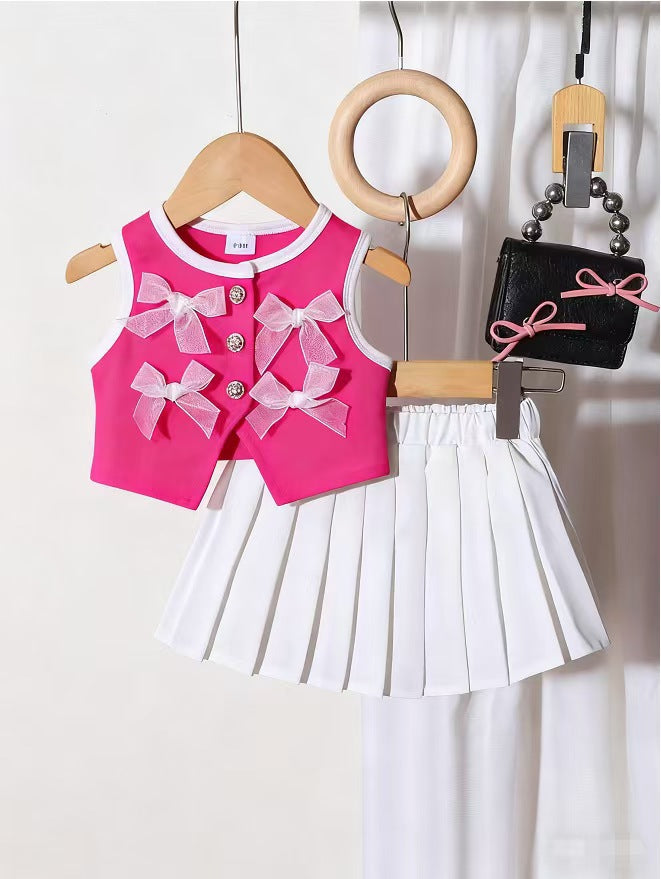 Bow Charm Two-Piece Vest and Pleated Skirt Set