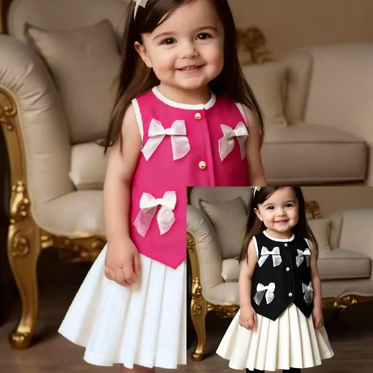 Bow Charm Two-Piece Vest and Pleated Skirt Set
