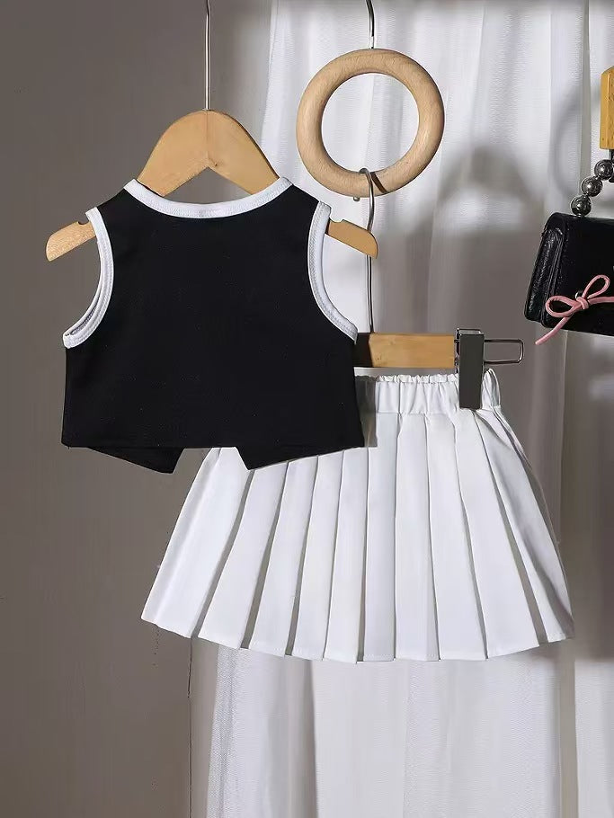 Bow Charm Two-Piece Vest and Pleated Skirt Set