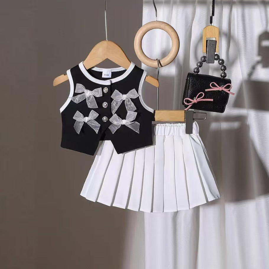 Bow Charm Two-Piece Vest and Pleated Skirt Set