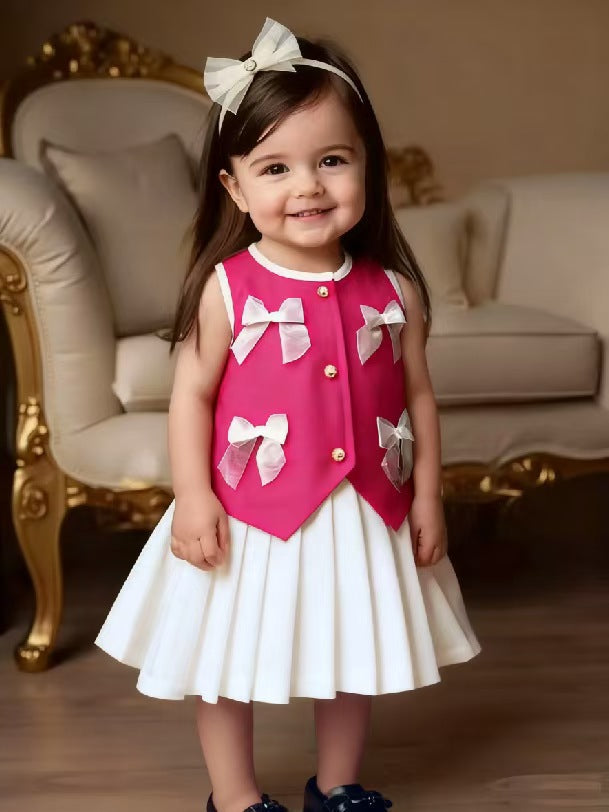 Bow Charm Two-Piece Vest and Pleated Skirt Set