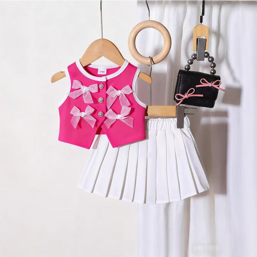 Bow Charm Two-Piece Vest and Pleated Skirt Set