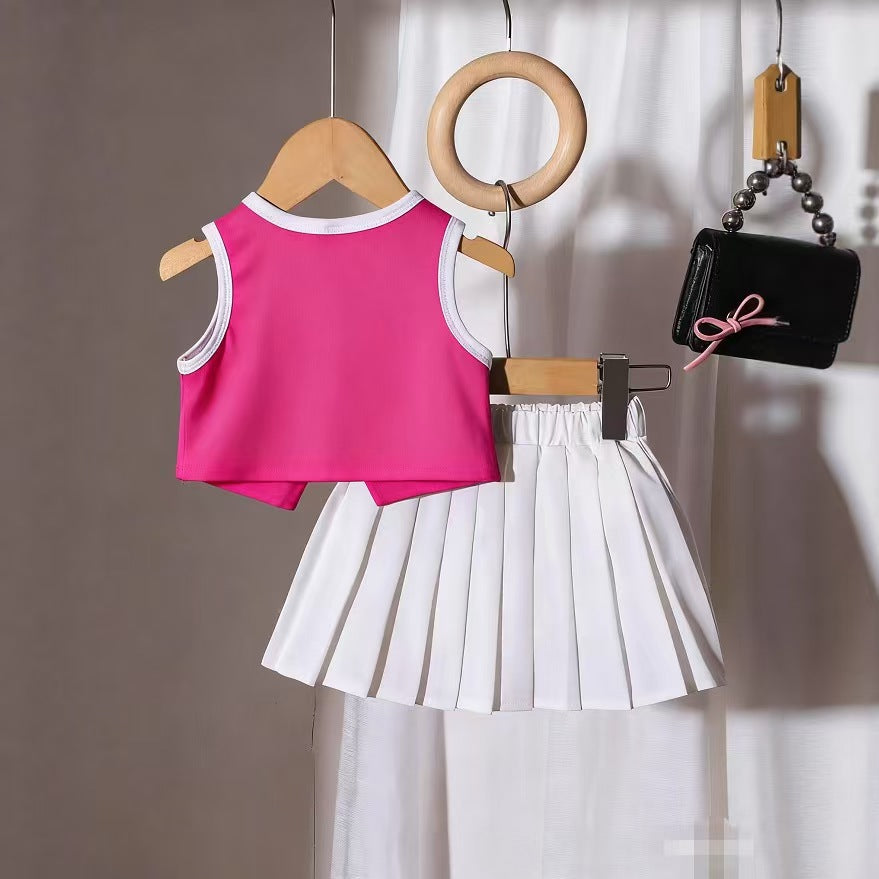 Bow Charm Two-Piece Vest and Pleated Skirt Set