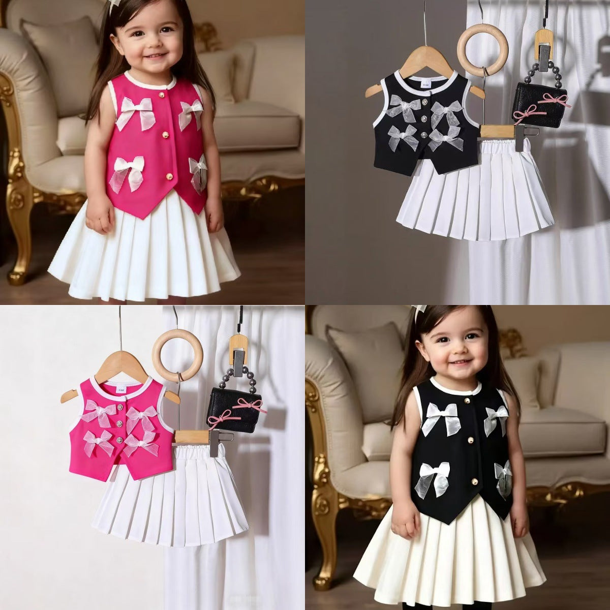 Bow Charm Two-Piece Vest and Pleated Skirt Set
