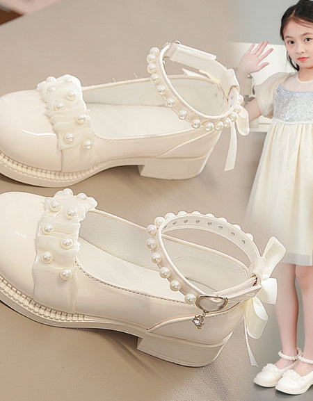 Girls Pearl Ankle Strap Dress Shoes – Kids Low Heel Wedding Party Pumps