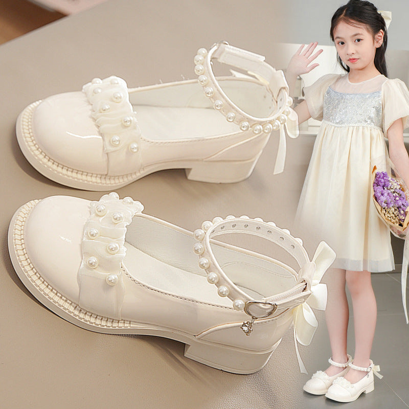 Girls Pearl Ankle Strap Dress Shoes – Kids Low Heel Wedding Party Pumps