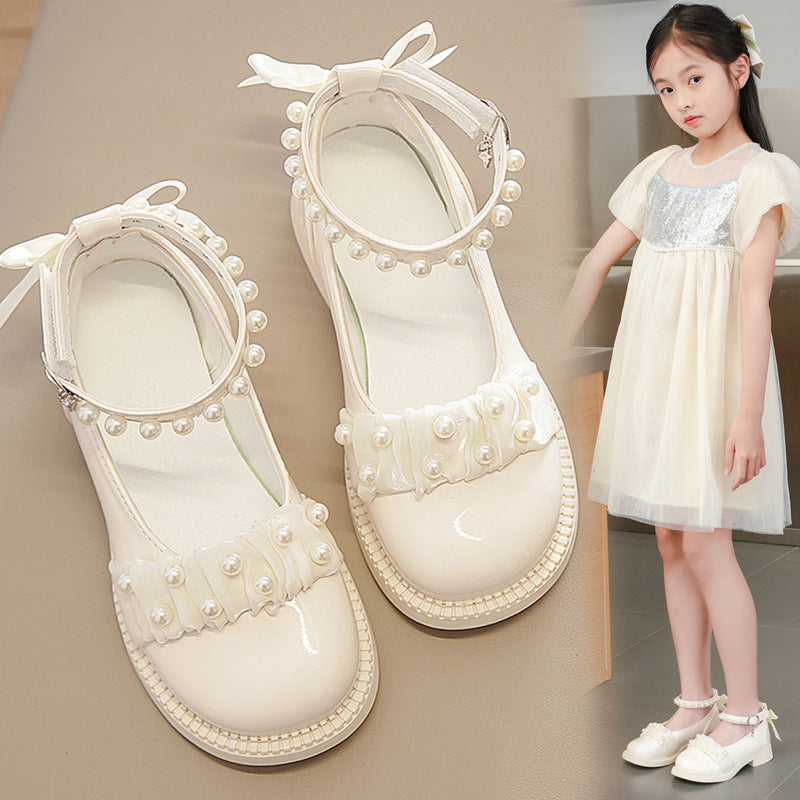 Girls Pearl Ankle Strap Dress Shoes – Kids Low Heel Wedding Party Pumps