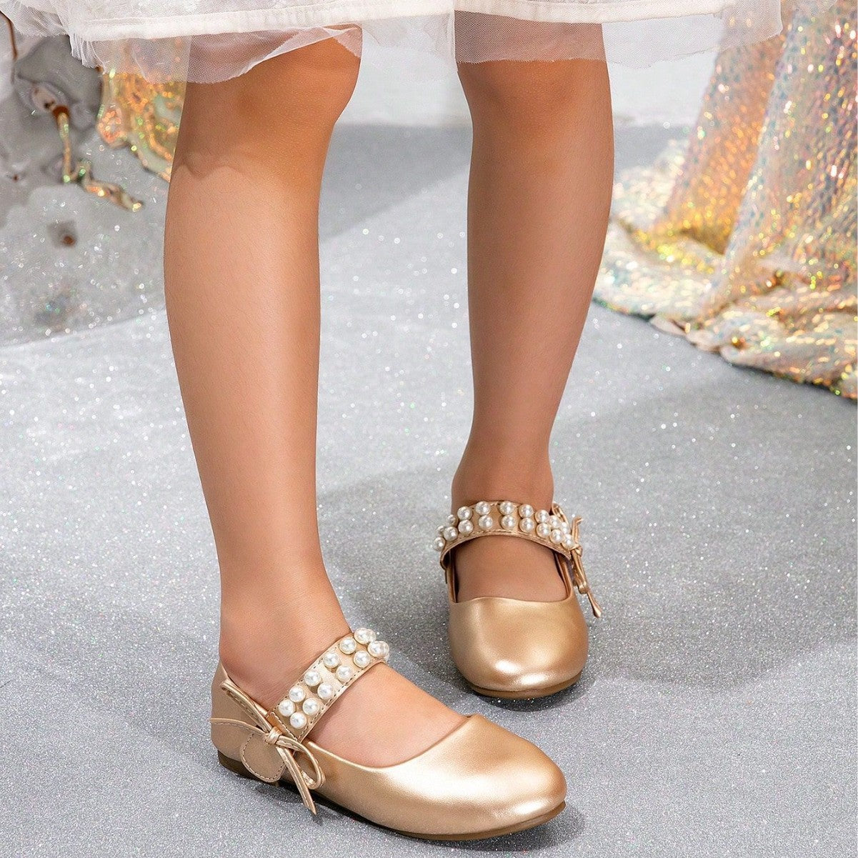 The Stella Pearl Mary Janes Flats – Champagne Gold