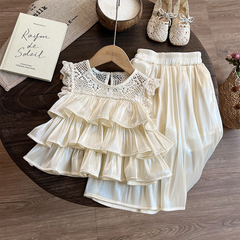 Layered Ruffle Crochet Lace Top & Satin Skirt Set