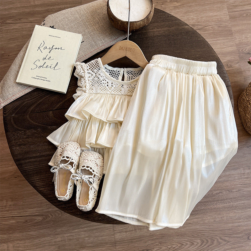 Layered Ruffle Crochet Lace Top & Satin Skirt Set