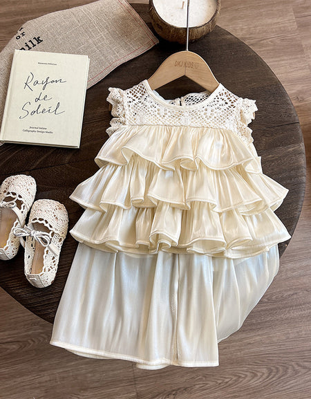 Layered Ruffle Crochet Lace Top & Satin Skirt Set