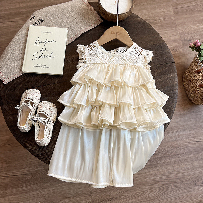 Layered Ruffle Crochet Lace Top & Satin Skirt Set