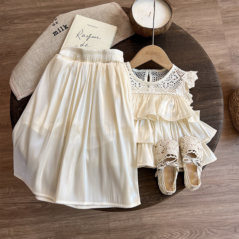 Layered Ruffle Crochet Lace Top & Satin Skirt Set