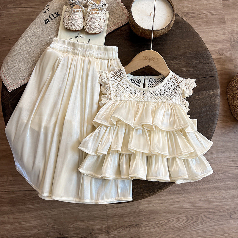 Layered Ruffle Crochet Lace Top & Satin Skirt Set