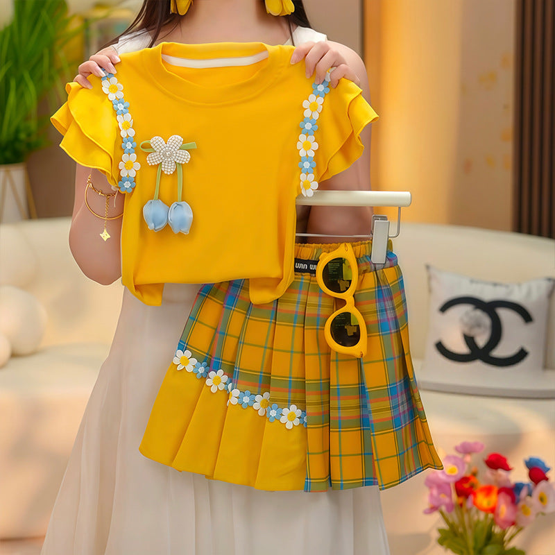 Sunny Floral Ruffle Top & Plaid Pleated Skirt