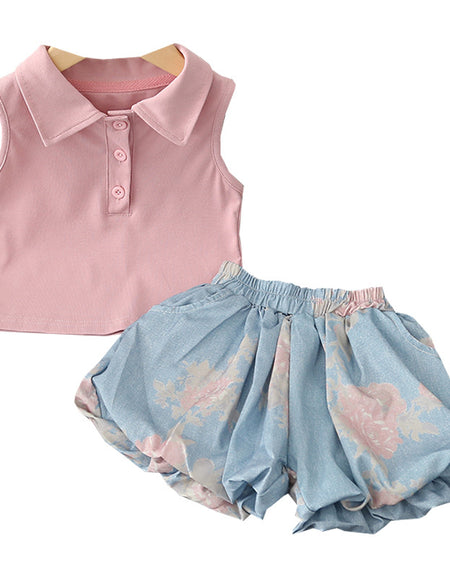 Pink Blossom Top and Floral Bubble Shorts Set
