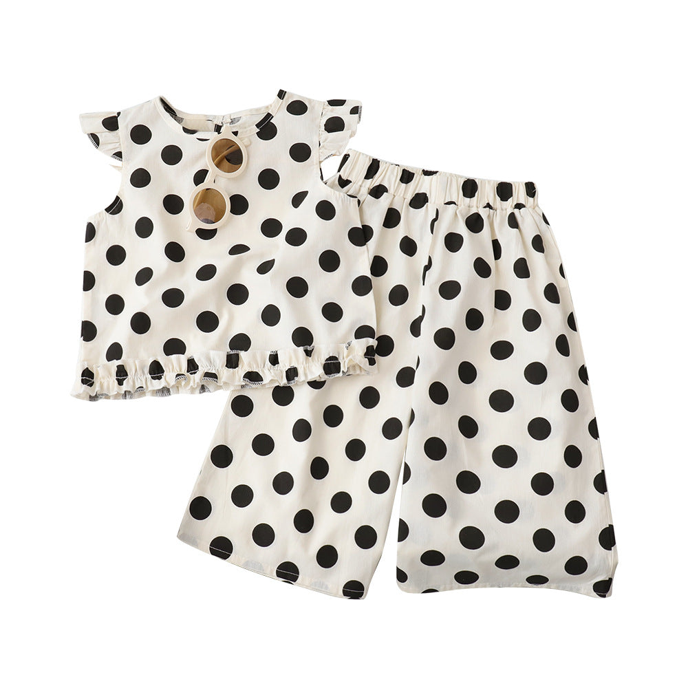 Polka Dot Ruffle Two‑Piece Set – Cream & Black
