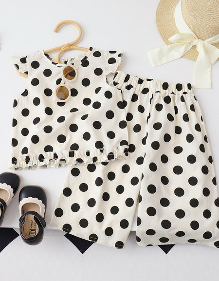 Polka Dot Ruffle Two‑Piece Set – Cream & Black