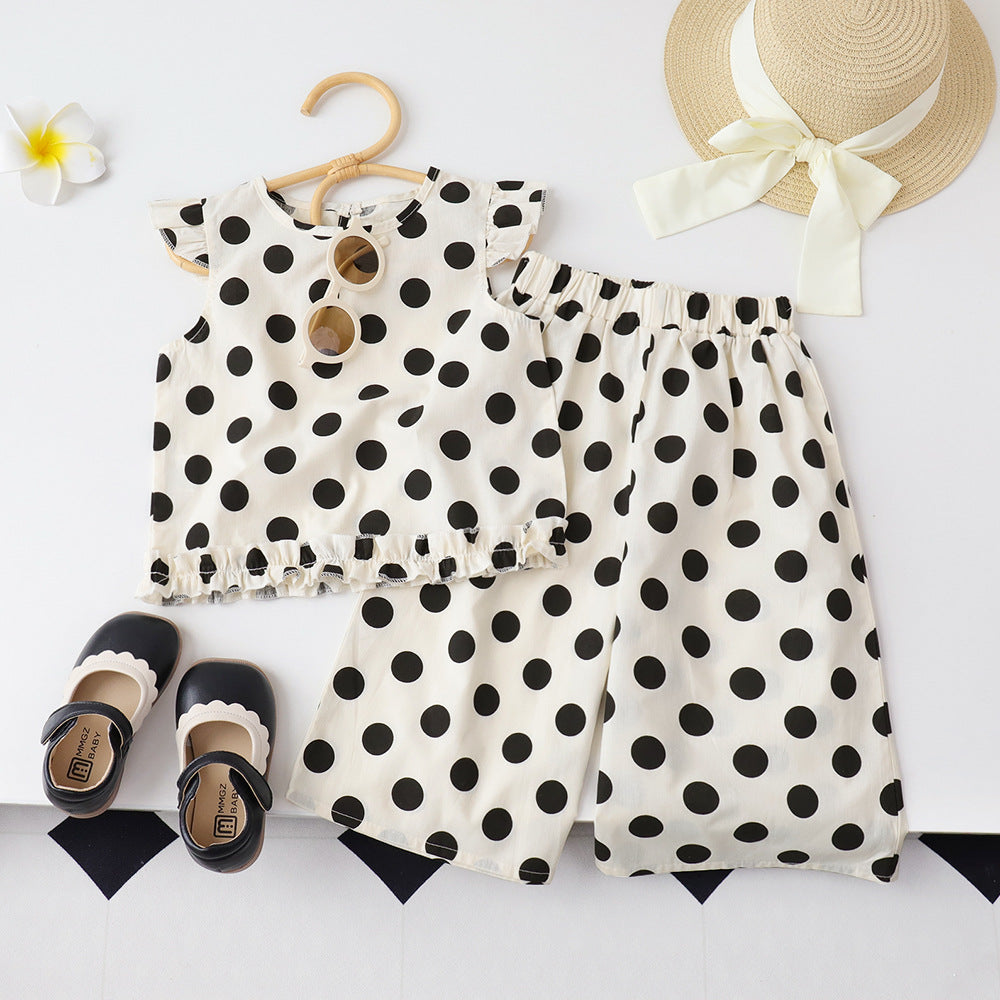 Polka Dot Ruffle Two‑Piece Set – Cream & Black