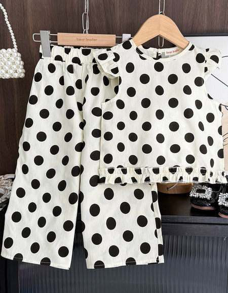 Polka Dot Ruffle Two‑Piece Set – Cream & Black