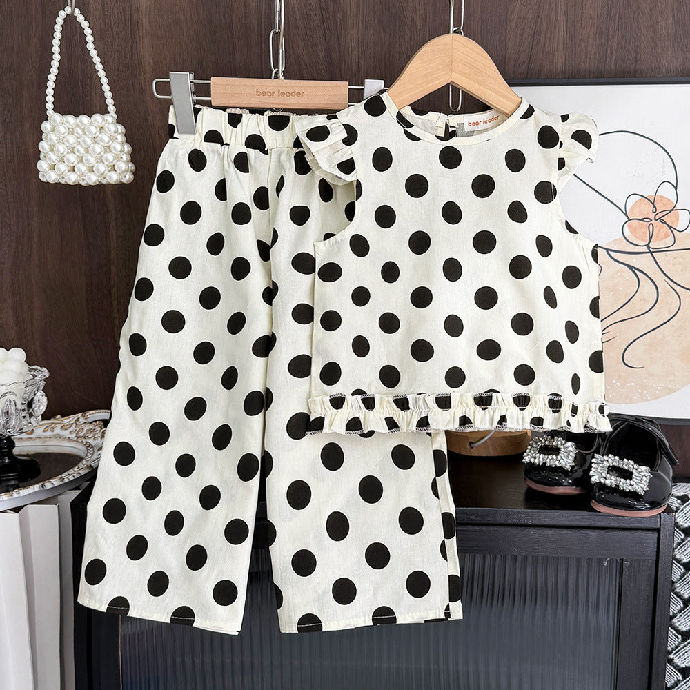 Polka Dot Ruffle Two‑Piece Set – Cream & Black