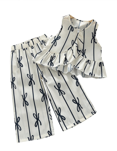 Girls Bows & Stripes Sleeveless Peplum & Pants Set
