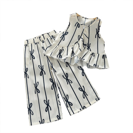 Girls Bows & Stripes Sleeveless Peplum & Pants Set