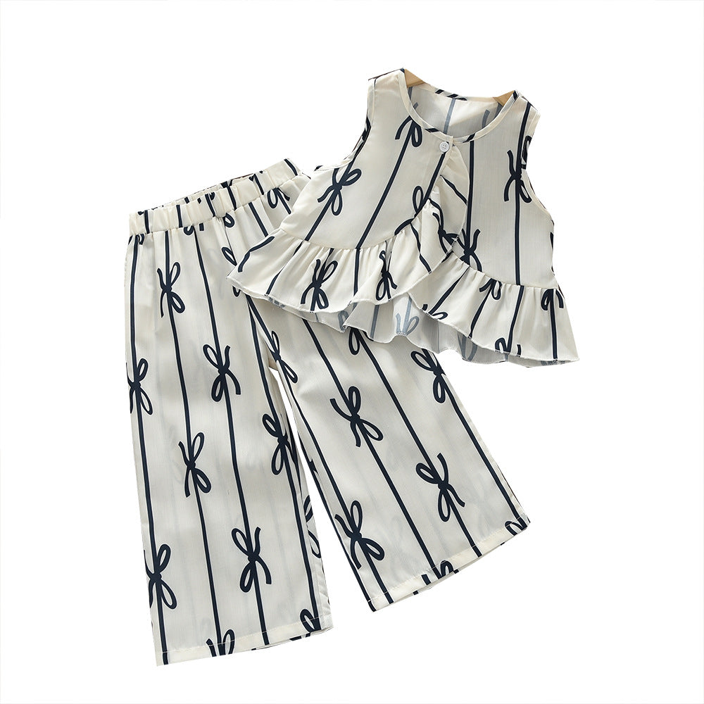 Girls Bows & Stripes Sleeveless Peplum & Pants Set