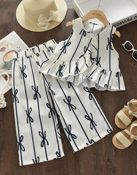 Girls Bows & Stripes Sleeveless Peplum & Pants Set