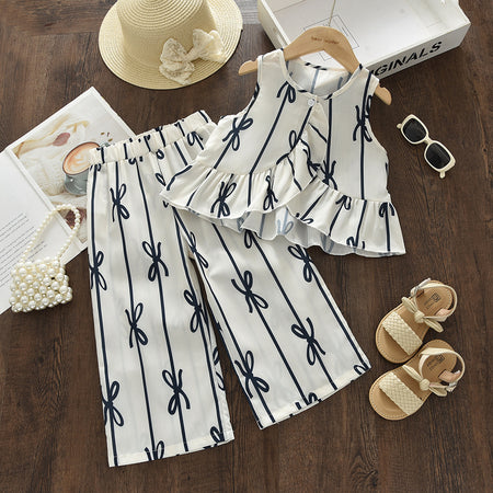 Girls Bows & Stripes Sleeveless Peplum & Pants Set