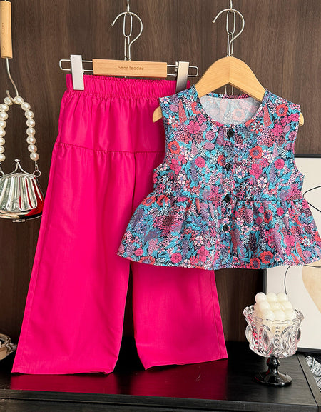 Fuchsia Garden Peplum Set – Floral Top & Wide‑Leg Pants