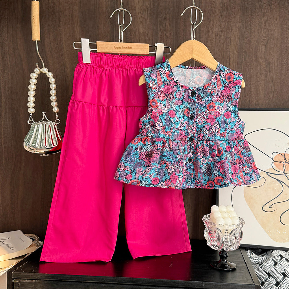 Fuchsia Garden Peplum Set – Floral Top & Wide‑Leg Pants