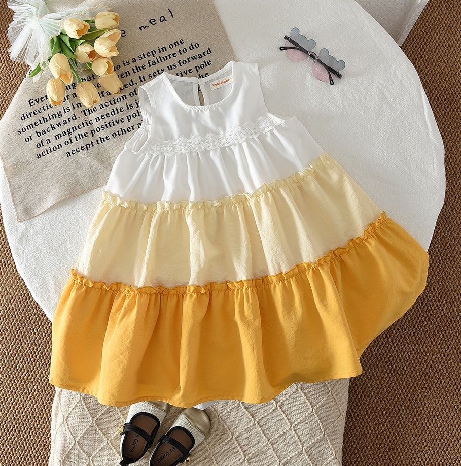 Sunbeam Tiered Cotton Dress – White, Cream & Mustard