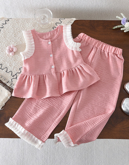 Pleated Charm Two‑Piece Set – Navy & Pink