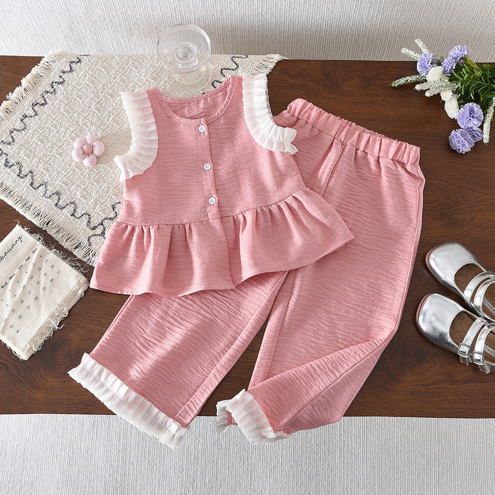 Pleated Charm Two‑Piece Set – Navy & Pink